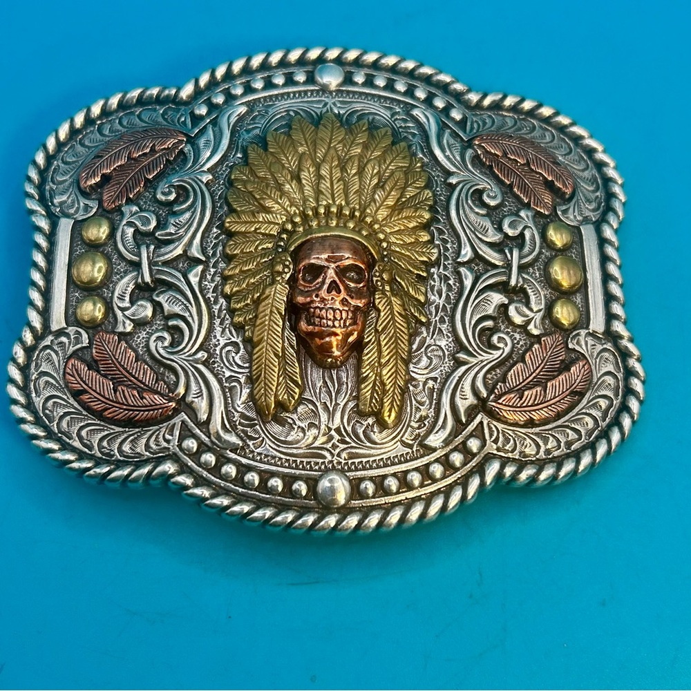 Nocona Western Belt Buckle Indian Chief Feather Skull Silver Gold Bronze